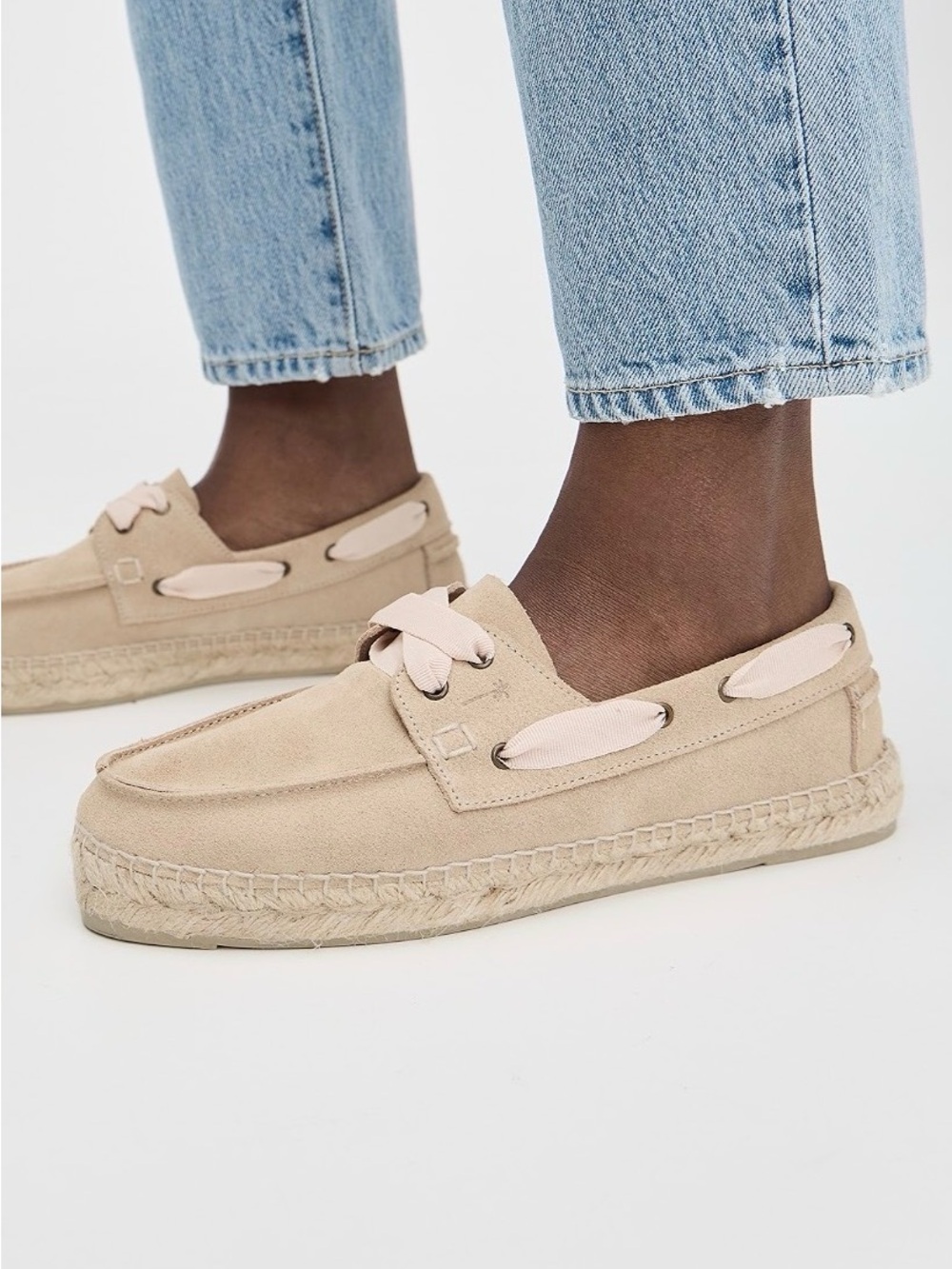 Neutral Beige Espadrille Boat-Shoes with Ribbon Accent